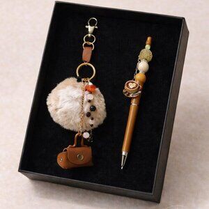 Handmade Agate, White Jasper & Cat’s Eye Keychain + Beaded Pen Gift Set – 8”